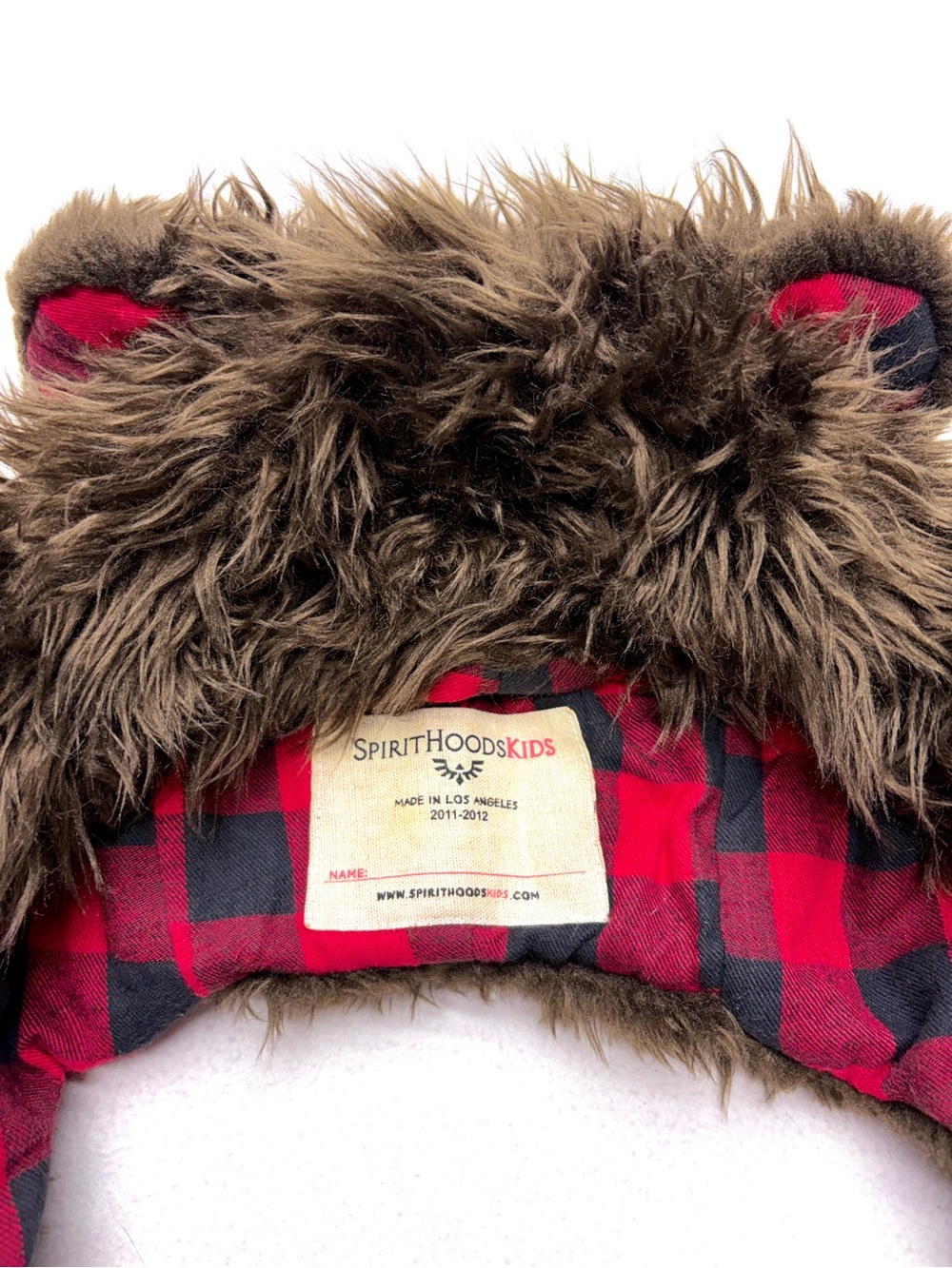 SpiritHoods Kids Brown Bear Hood Scarf Faux Fur Plaid USA Made 2011 - Picture 2 of 4